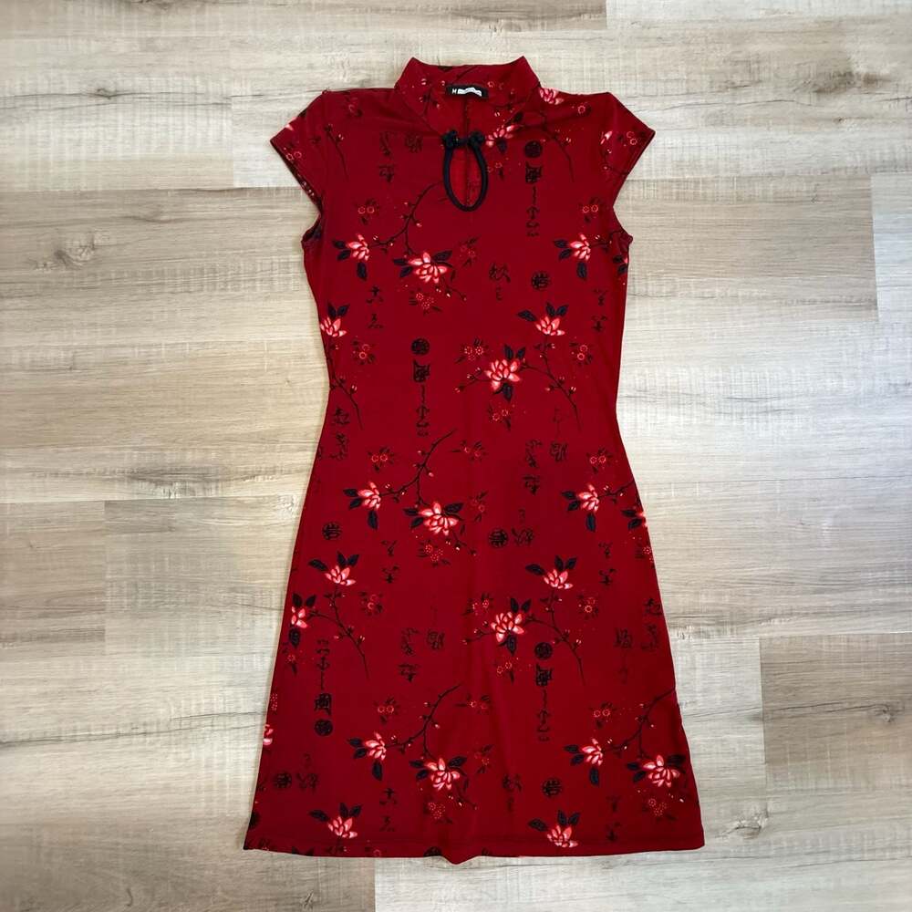 Vintage M Collection Red Floral Cheongsam Mini Dress Mandarin Collar size Small